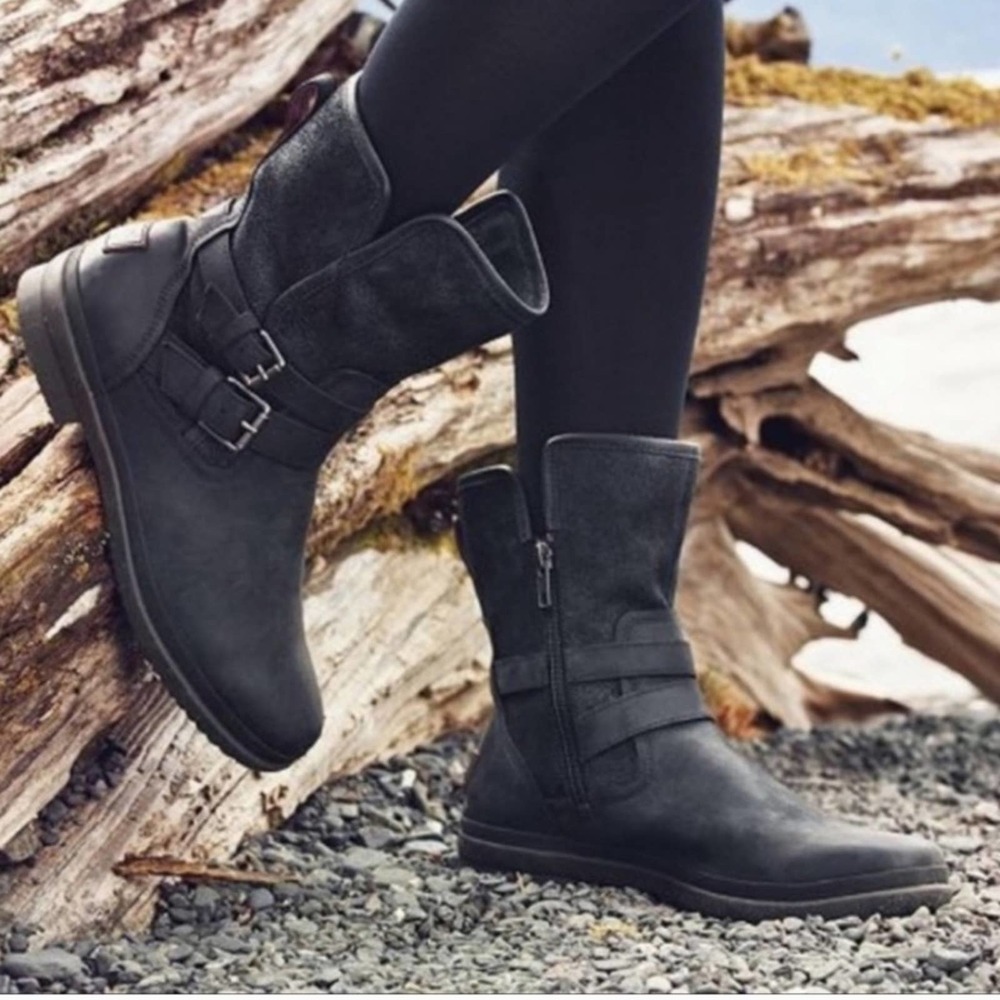 UGG Black Moto Leather Biker Waterproof Simmens Ankle Boots